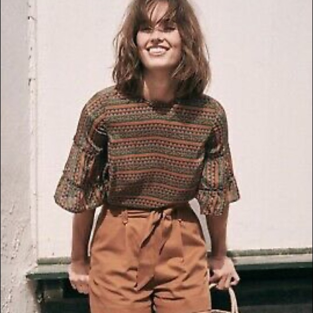 Sezane tribal Aztec print silk flutter sleeve blouse top nwot